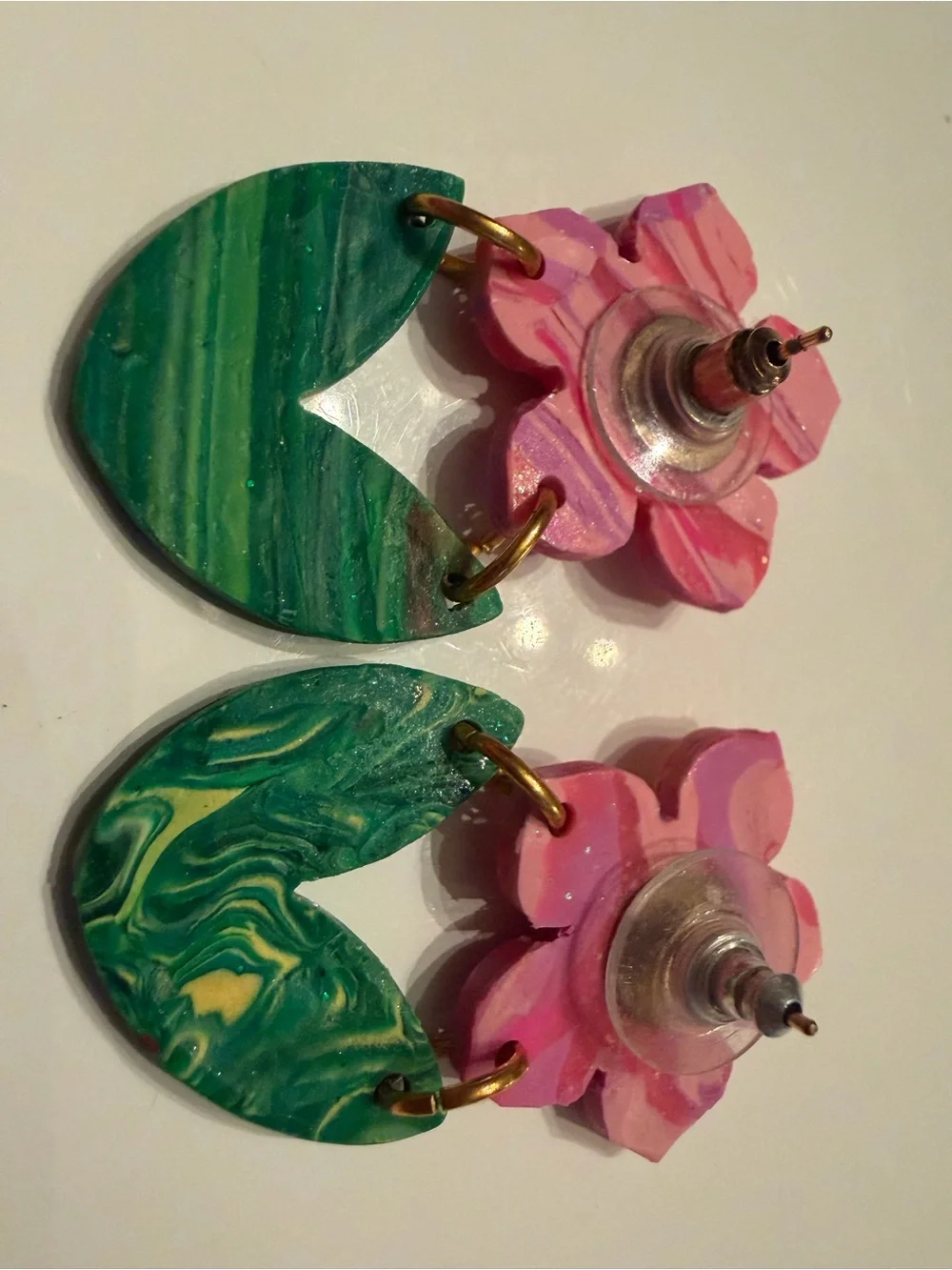 Handmade Floral Drop Earrings in Pink and Green